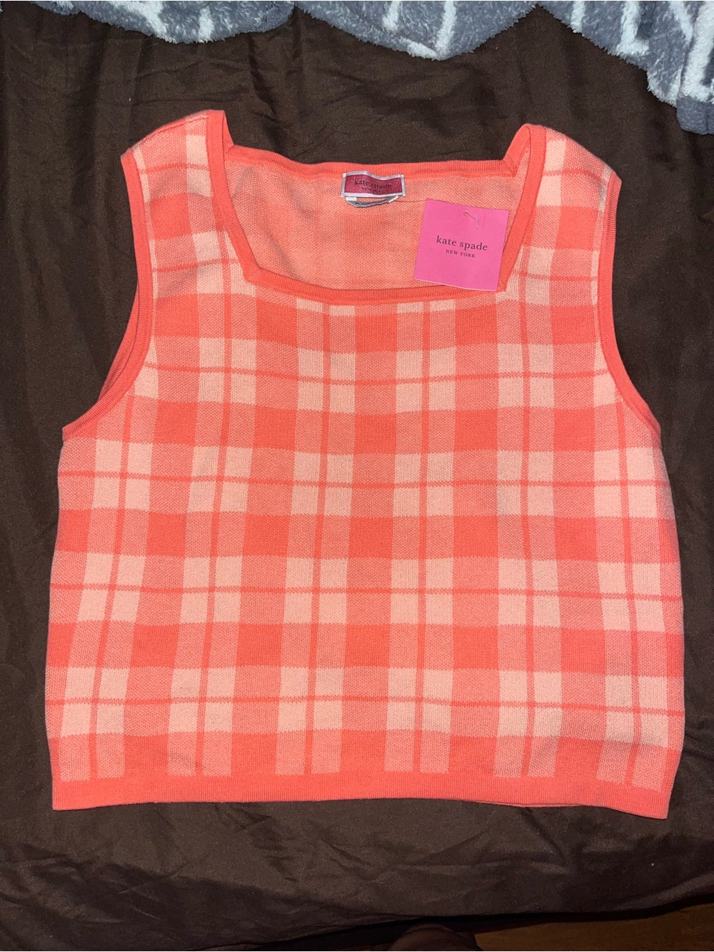 kate spade coral and light pink plaid sleeveless knit tank